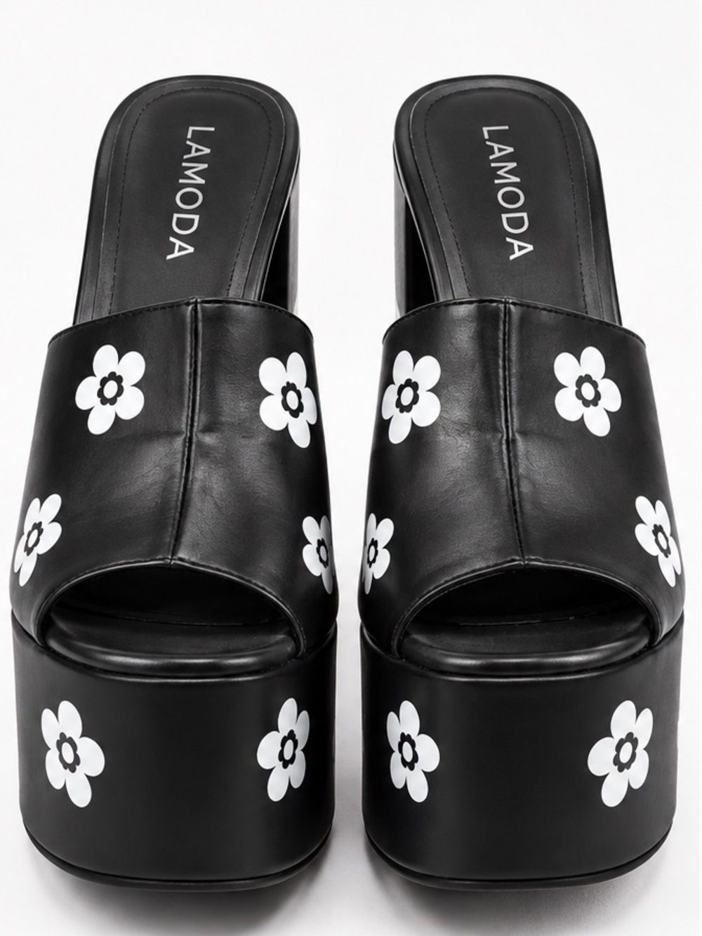 Lamo Black Leather Platform Mule Sandals with White Floral Print